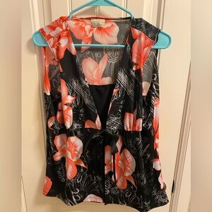Le Khaki L Blouse Sleeveless Top Ribbon Tie Front Pink Black Floral Stretch Lg